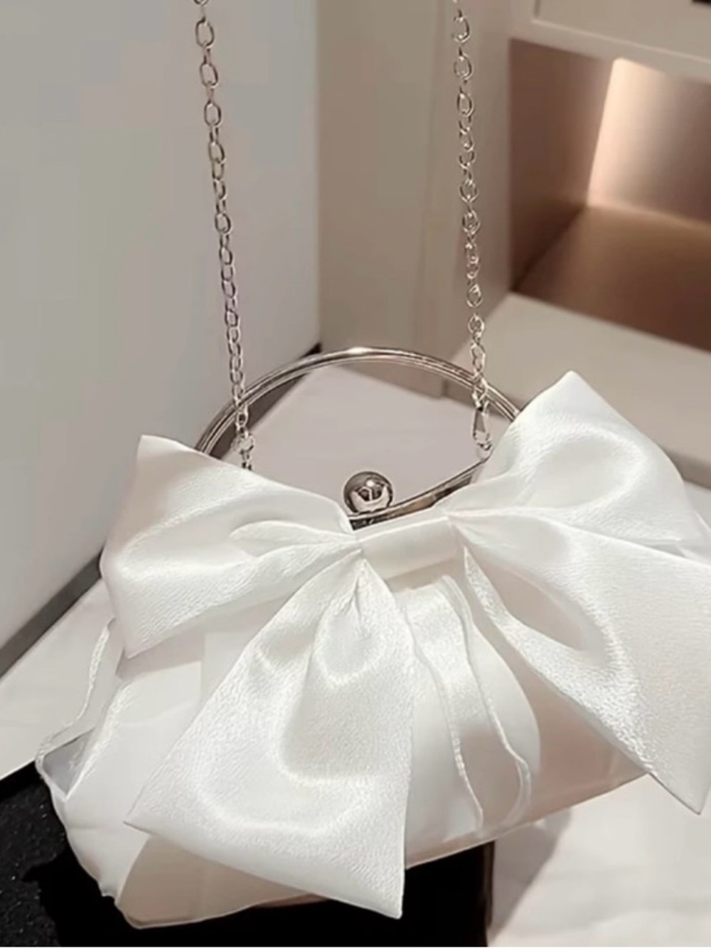 White Satin Bow Evening Clutch with Chain